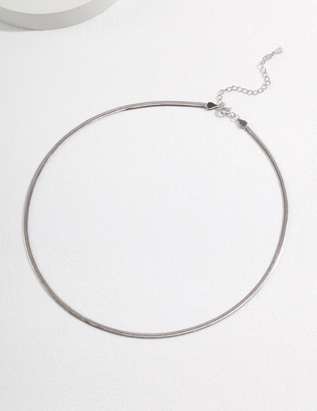 Shiny silver chain choke necklace on white background.