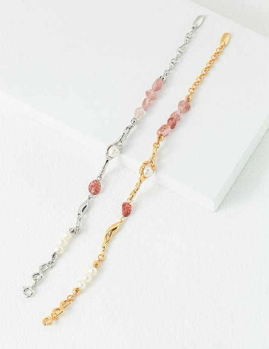 Stylish silver and gold bracelets with pink strawberry quartz stones.