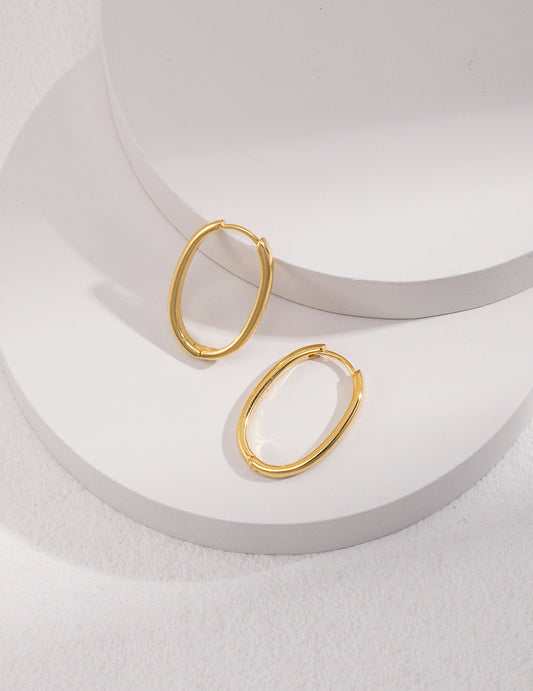 Pair of elegant gold hoop earrings on white surface.