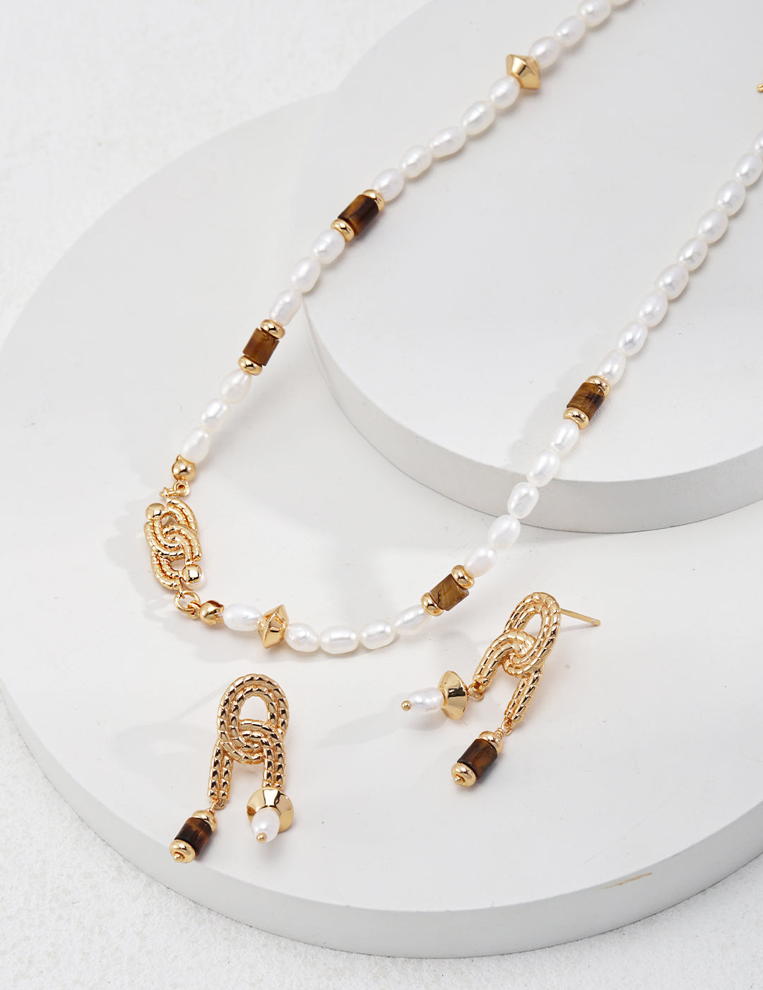 Ethnic pearl tiger's eye necklace with matching earring sets