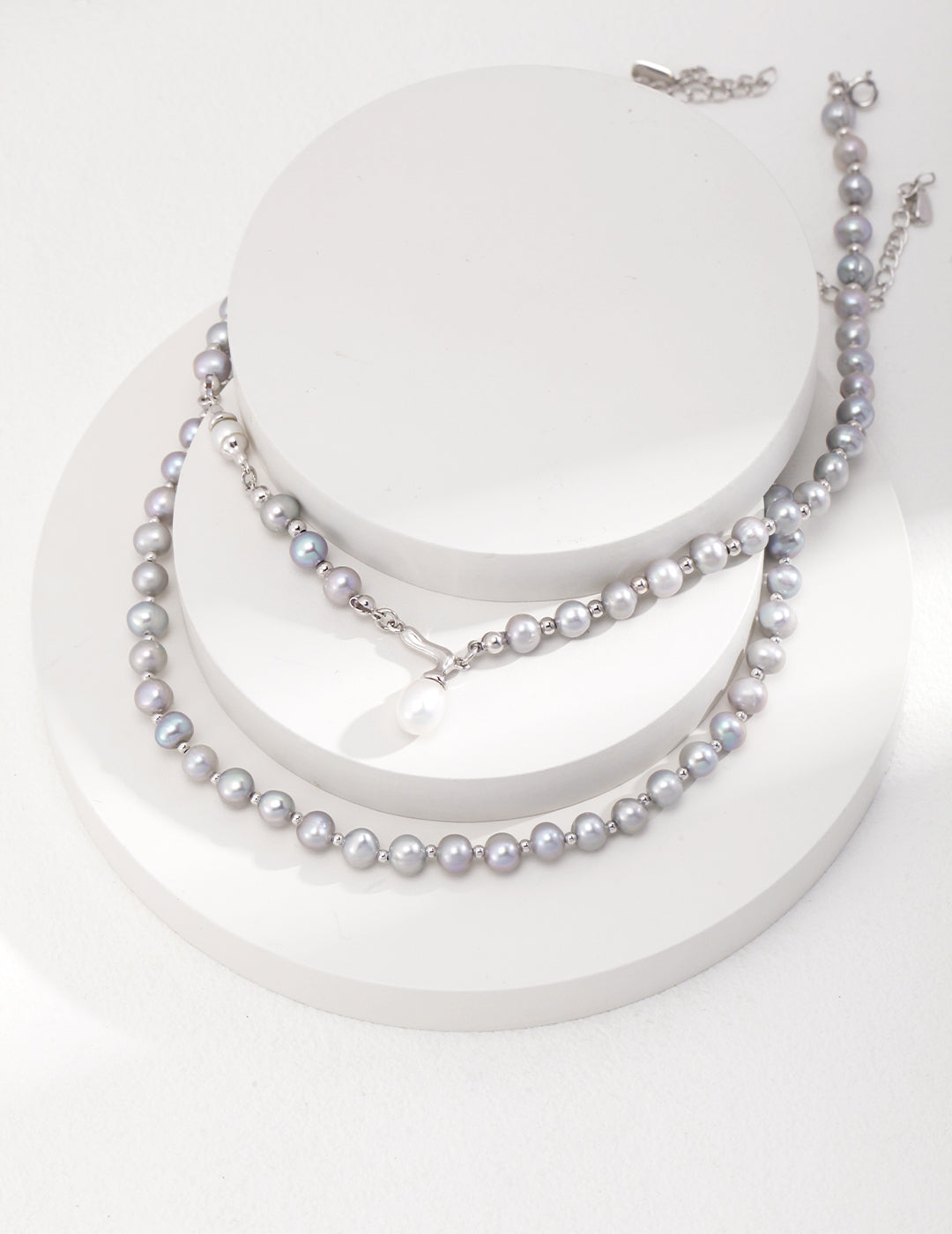 Silver chain necklaces with grey freshwater pearls