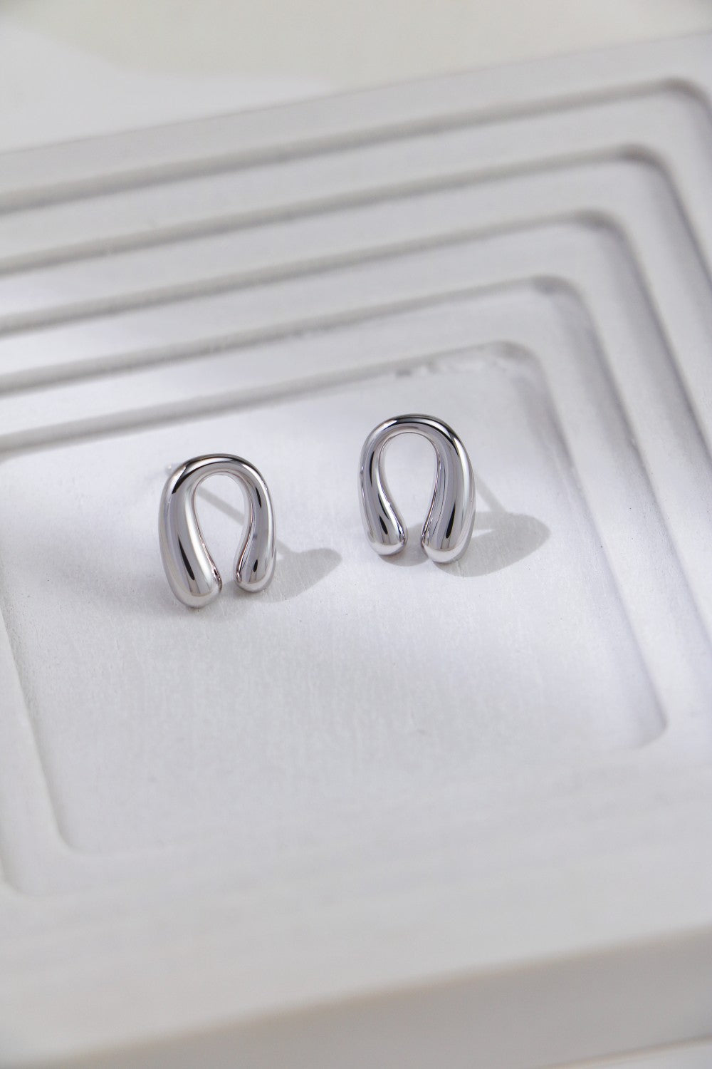 Two silver earrings featuring a charming horseshoe design.