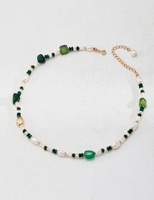 Vibrant green and gold necklace crafted from malachite, agate, and freshwater pearls and beads.