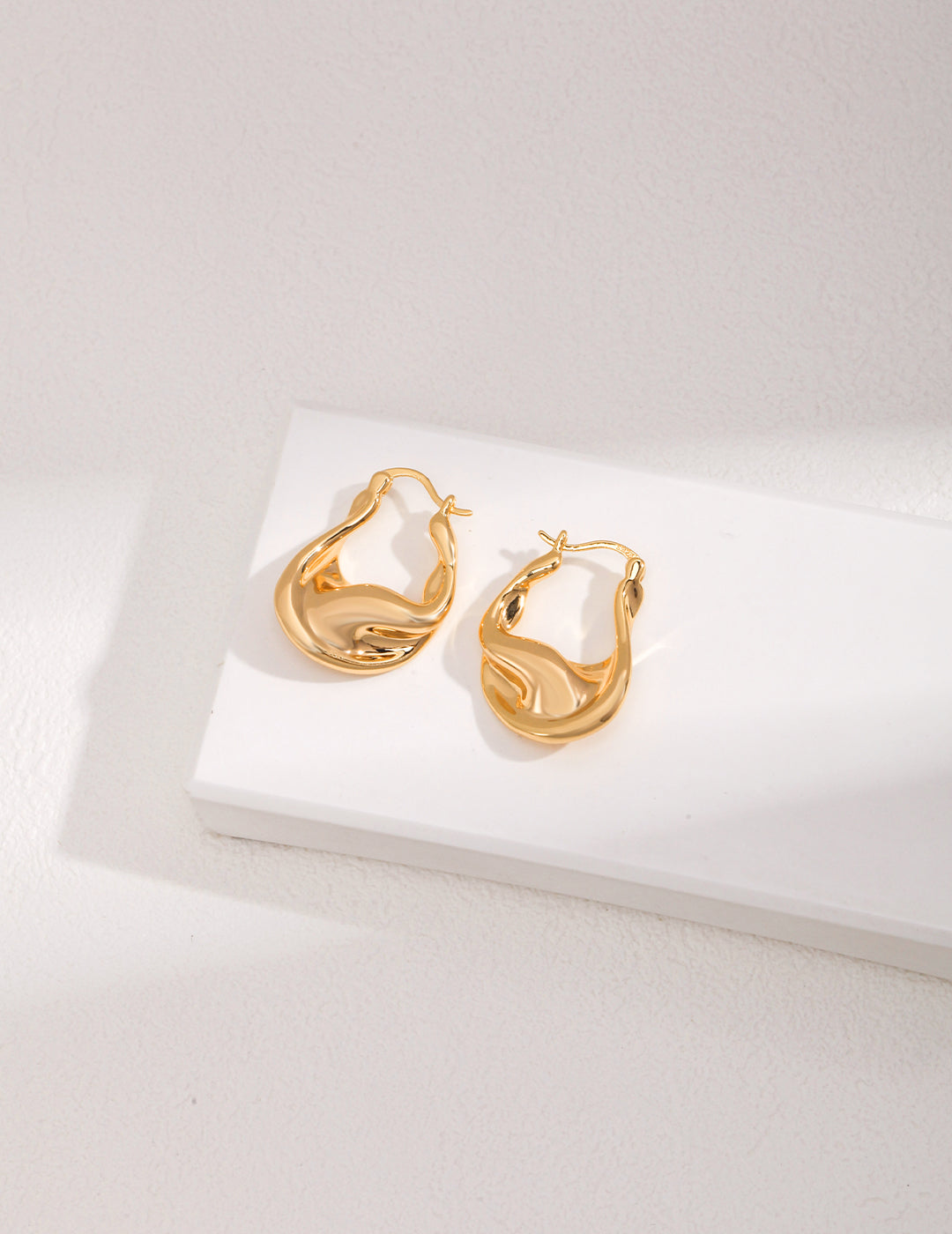 Stylish gold hoop earrings resting on white background.