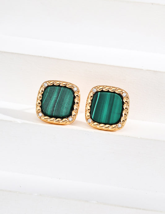 Green malachite stud earrings with cubic zirconia accents, elegantly set in gold for a luxurious touch.