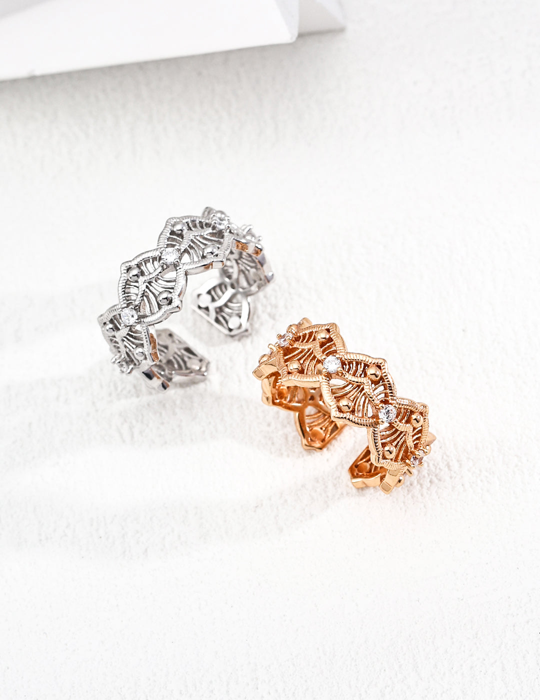 Two luxurious rings featuring cubic zirconia, available in Silver and Gold, perfect for an elegant, princess-like style.