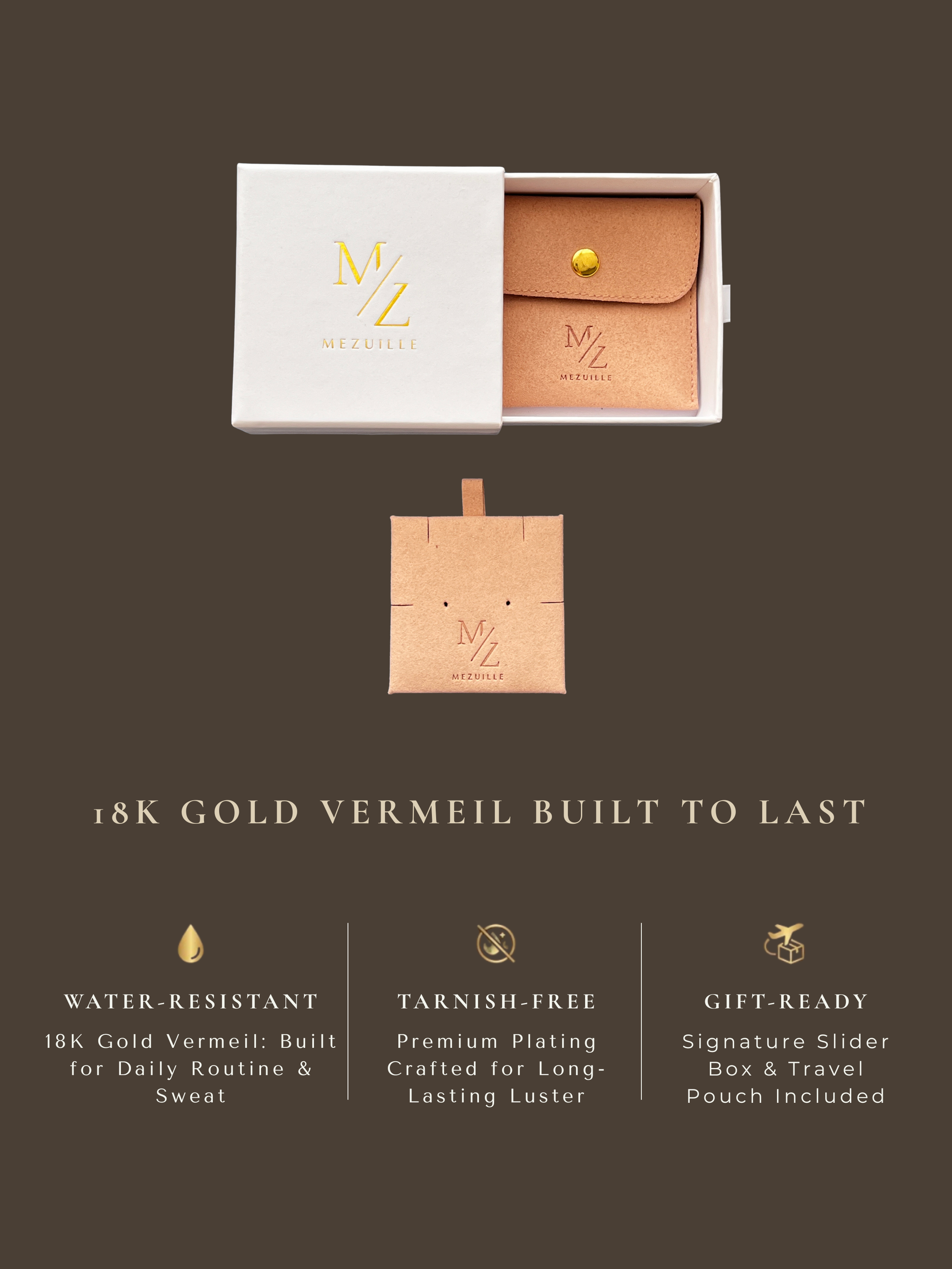 Mezuille vertical luxury jewelry packaging infographic, featuring a gold-embossed white slider box and mauve microfiber travel pouch. Elevated text grid highlights brand values: water-resistant, tarnish-free  plating, and gift-ready unboxing details.