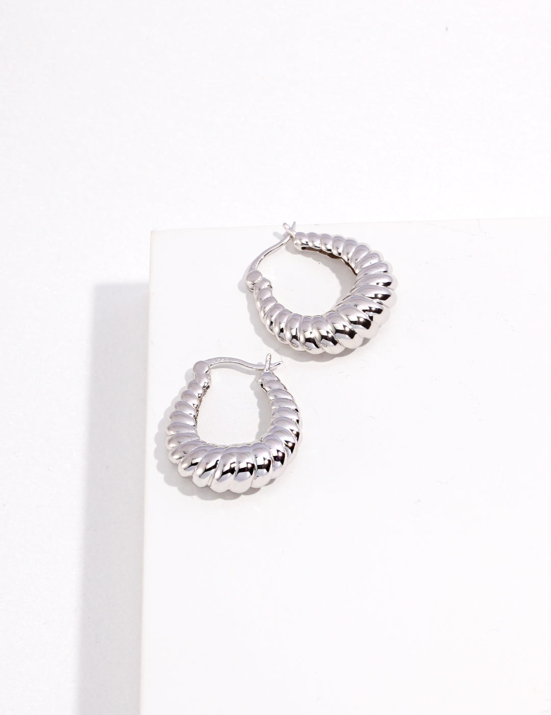 Silver twisted hoop earrings on white surface.