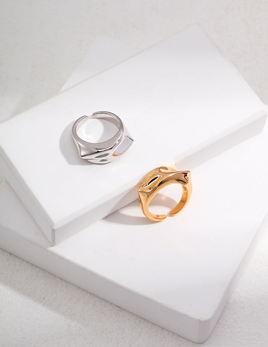 Two wavy design rings, one gold and one silver, placed on top of a white box.