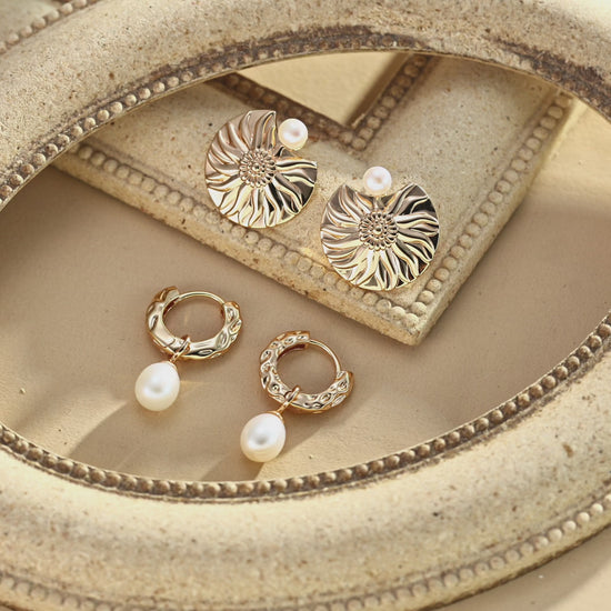 Two sets of gold accent pearl earrings in S925 Silver by Mezuille, on neutral background.